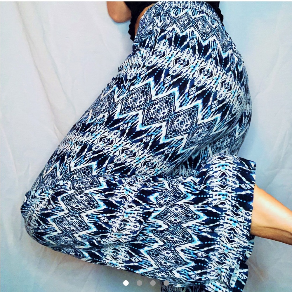 Flowy Blue and White Geometric Flare Pants